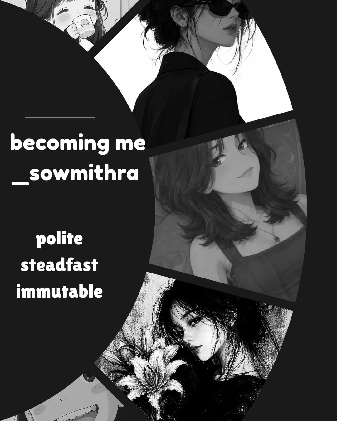 Becoming me — Sowmithra: black-and-white collage of illustrated portraits with the words polite, steadfast, immutable
