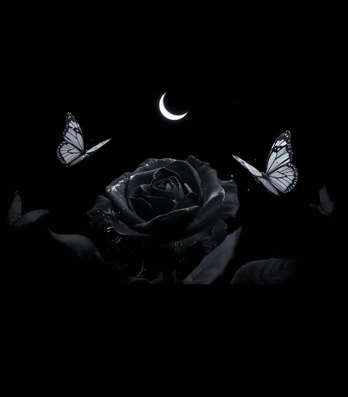 Dark rose beneath a crescent moon, surrounded by butterflies