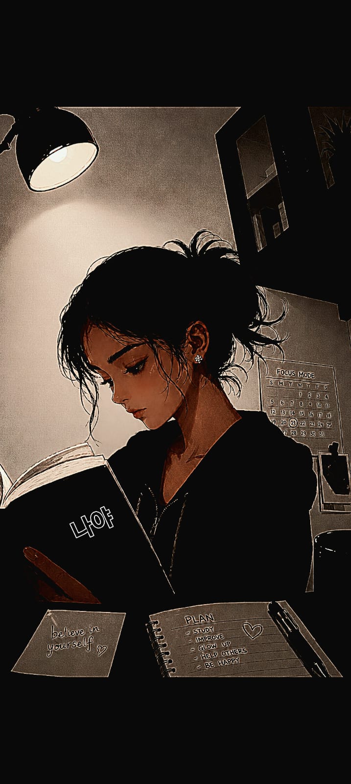 Warm-toned illustration of a girl reading and planning