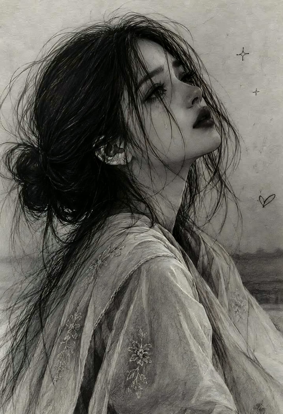 Detailed monochrome portrait of a thoughtful girl looking upward