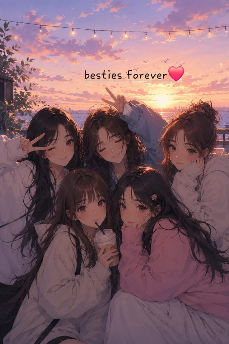 Five illustrated friends at sunset with the words besties forever