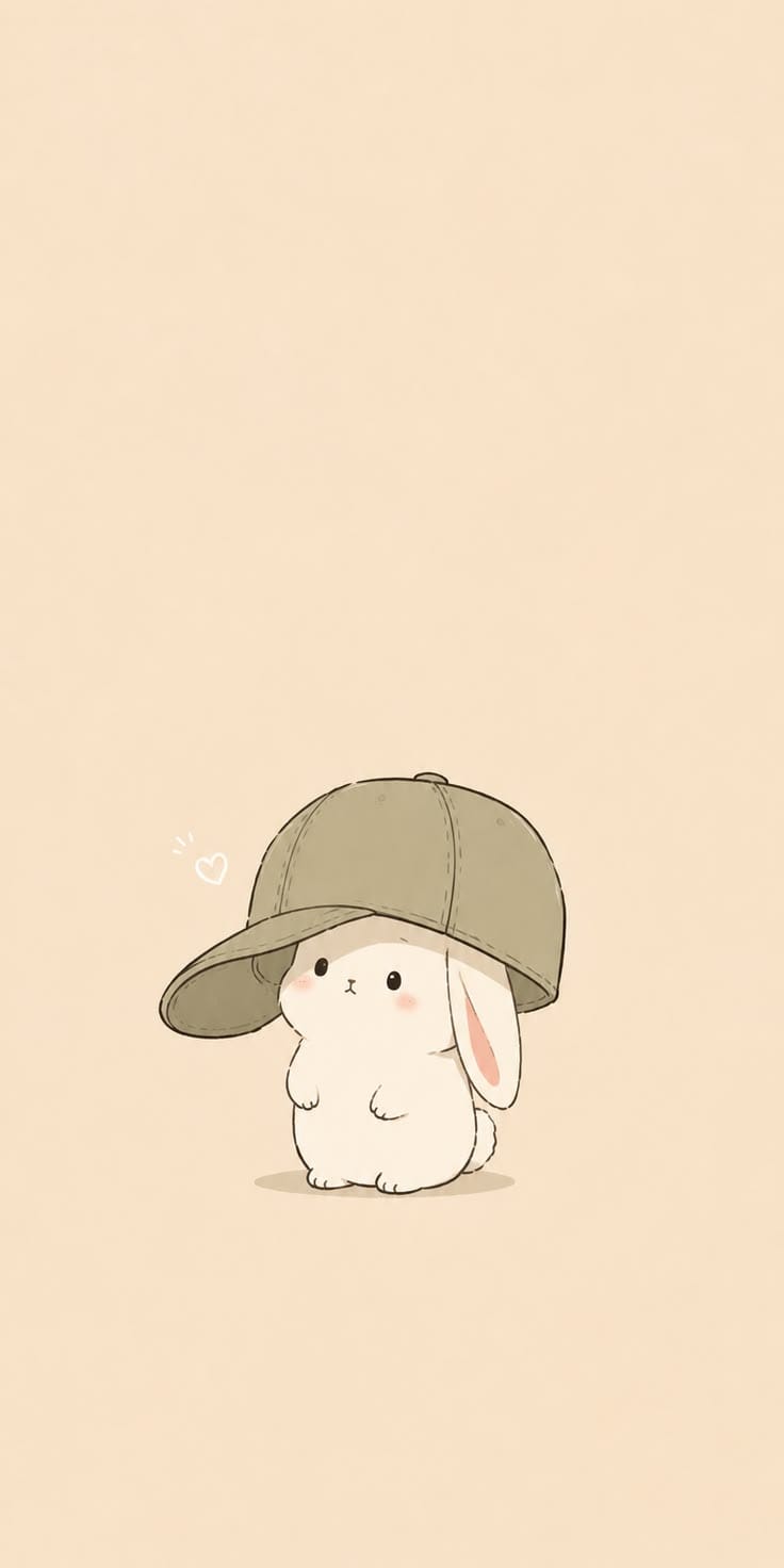 Sweet white bunny wearing an oversized baseball cap