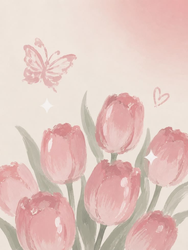 Pink tulips with a butterfly and heart