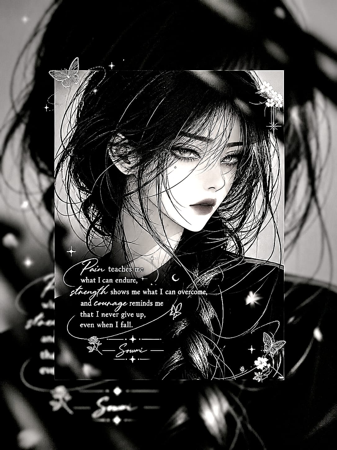 Black-and-white illustrated portrait with words about courage and resilience