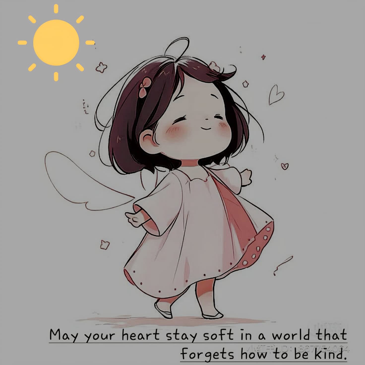 Smiling cartoon girl beneath a bright sun, with a message about kindness